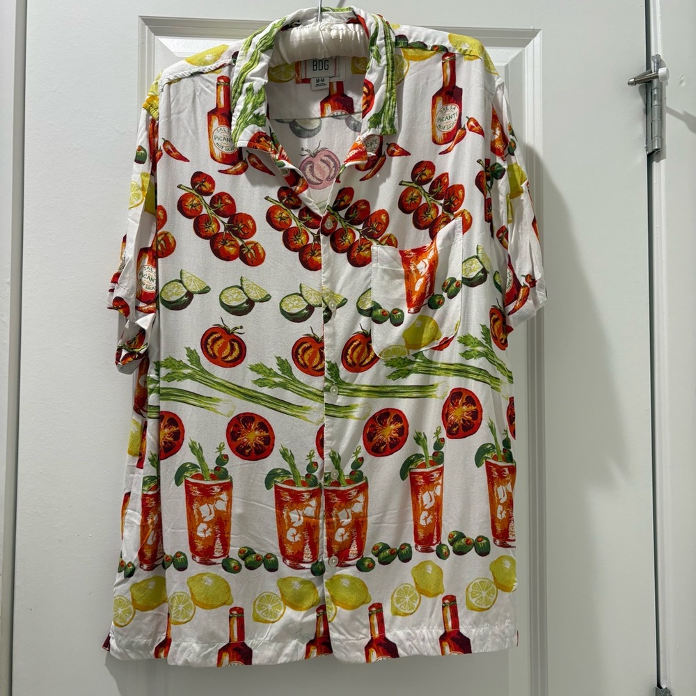 BDG White Button-Up Shirt with Red Tomato & Green Celery Print